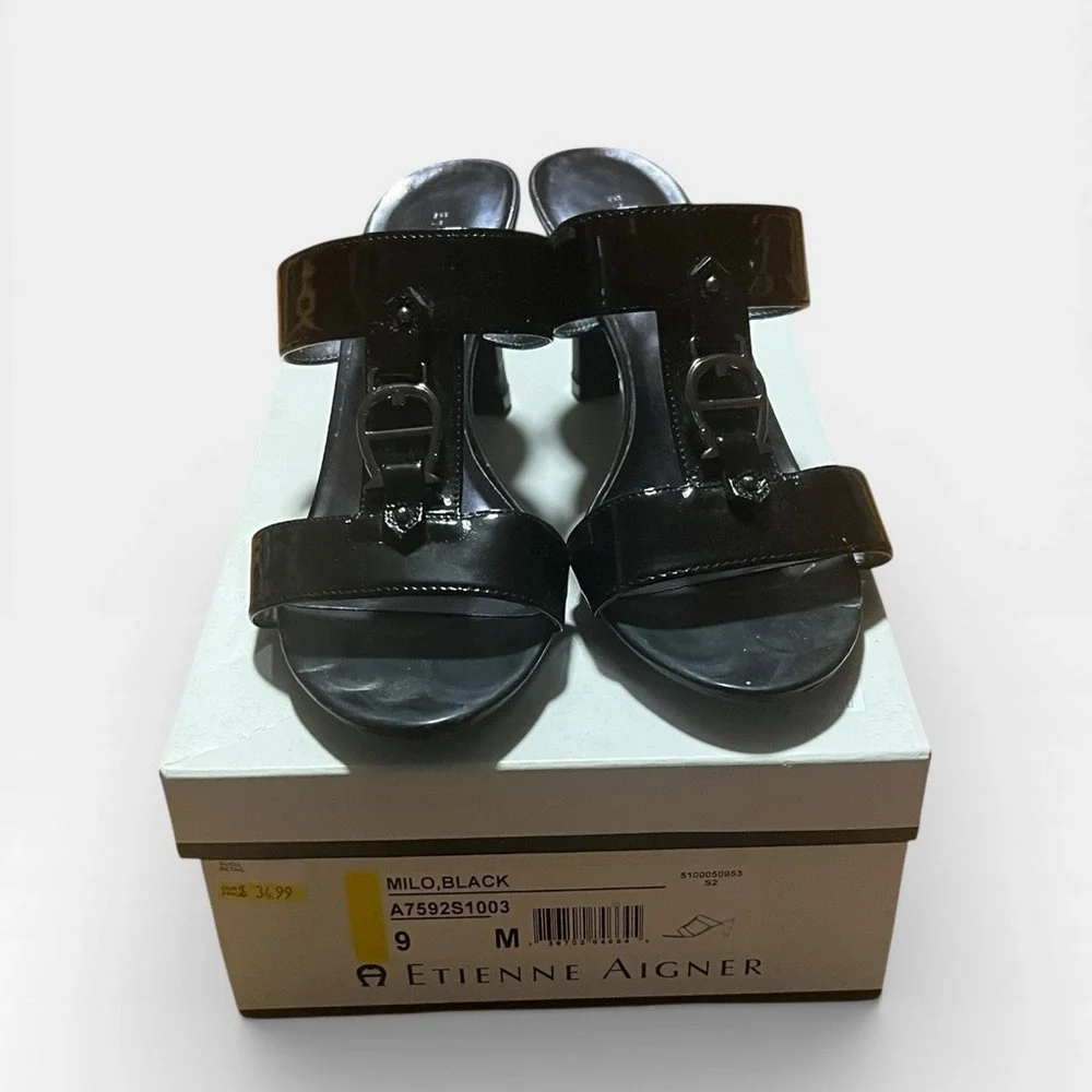 Etienne Aigner Women 9M‎ Black Milo Heeled Sandal Horseshoe Open Toe Straps